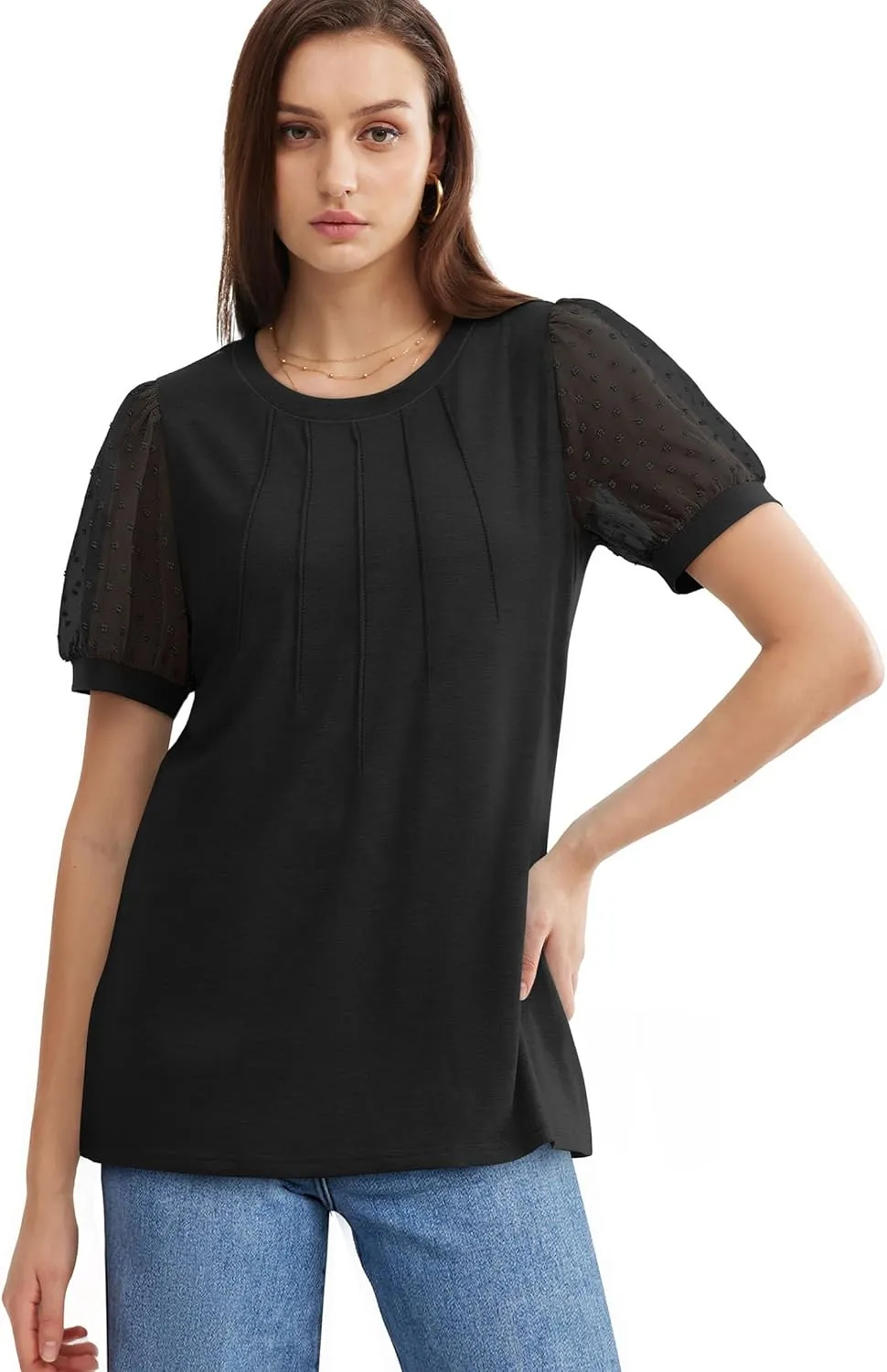 OFEEFAN Womens Summer Tops Pleated Swiss Dot Puff Sleeve Crew Neck T Shirts Loose Casual S-3XL