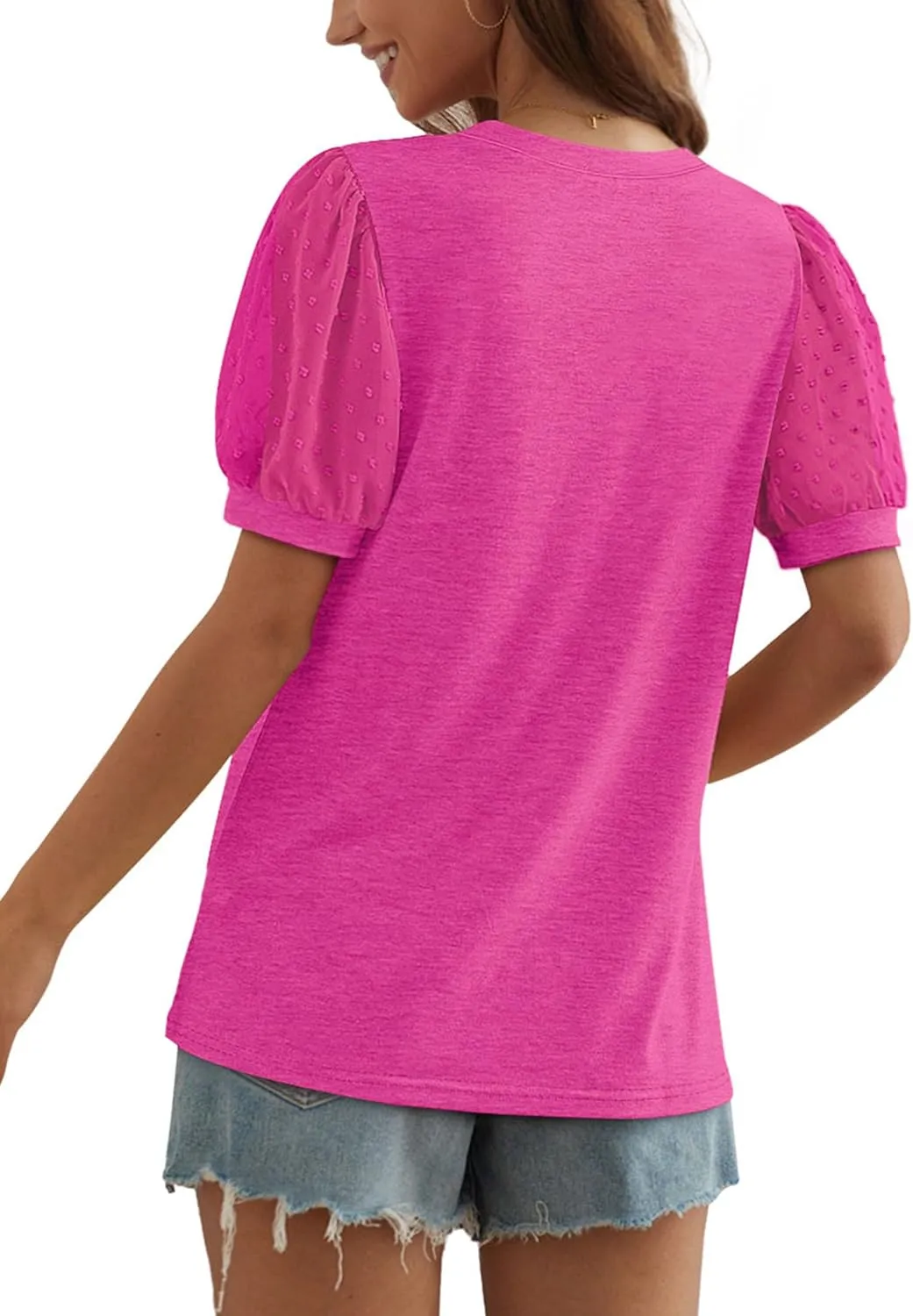 OFEEFAN Womens Summer Tops Pleated Swiss Dot Puff Sleeve Crew Neck T Shirts Loose Casual S-3XL