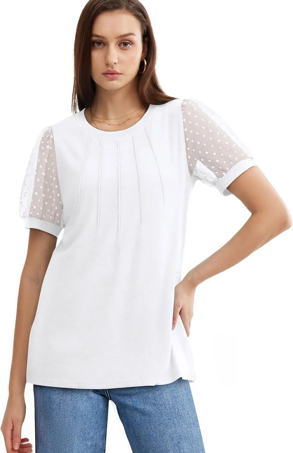 OFEEFAN Womens Summer Tops Pleated Swiss Dot Puff Sleeve Crew Neck T Shirts Loose Casual S-3XL