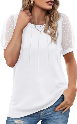 OFEEFAN Womens Summer Tops Pleated Swiss Dot Puff Sleeve Crew Neck T Shirts Loose Casual S-3XL