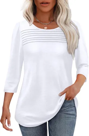 OFEEFAN Womens Tops 3/4 Length Sleeve Blouses Dressy Casual Spring Summer Outfits Pleated Front T Shirts Curved Hem