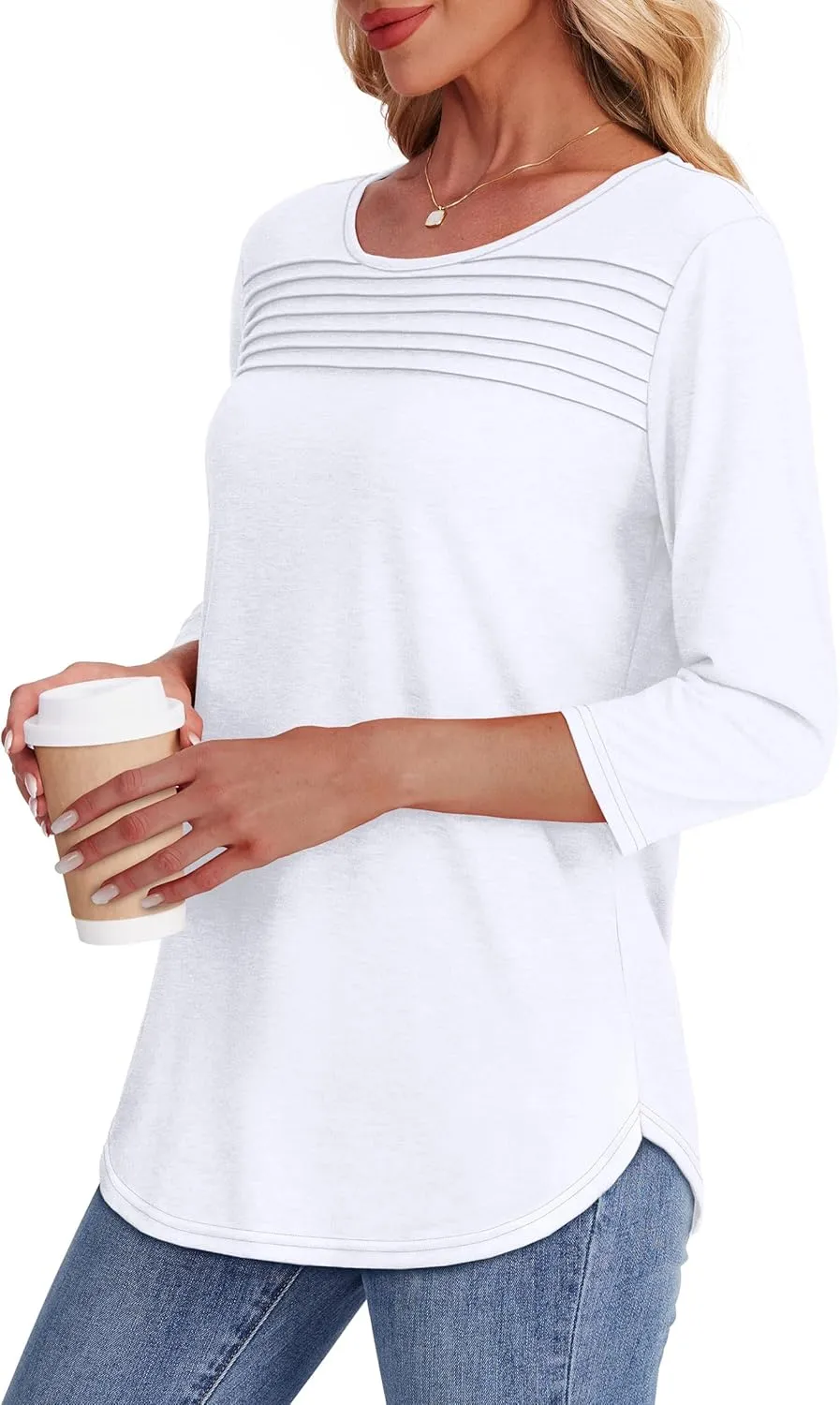 OFEEFAN Womens Tops 3/4 Length Sleeve Blouses Dressy Casual Spring Summer Outfits Pleated Front T Shirts Curved Hem