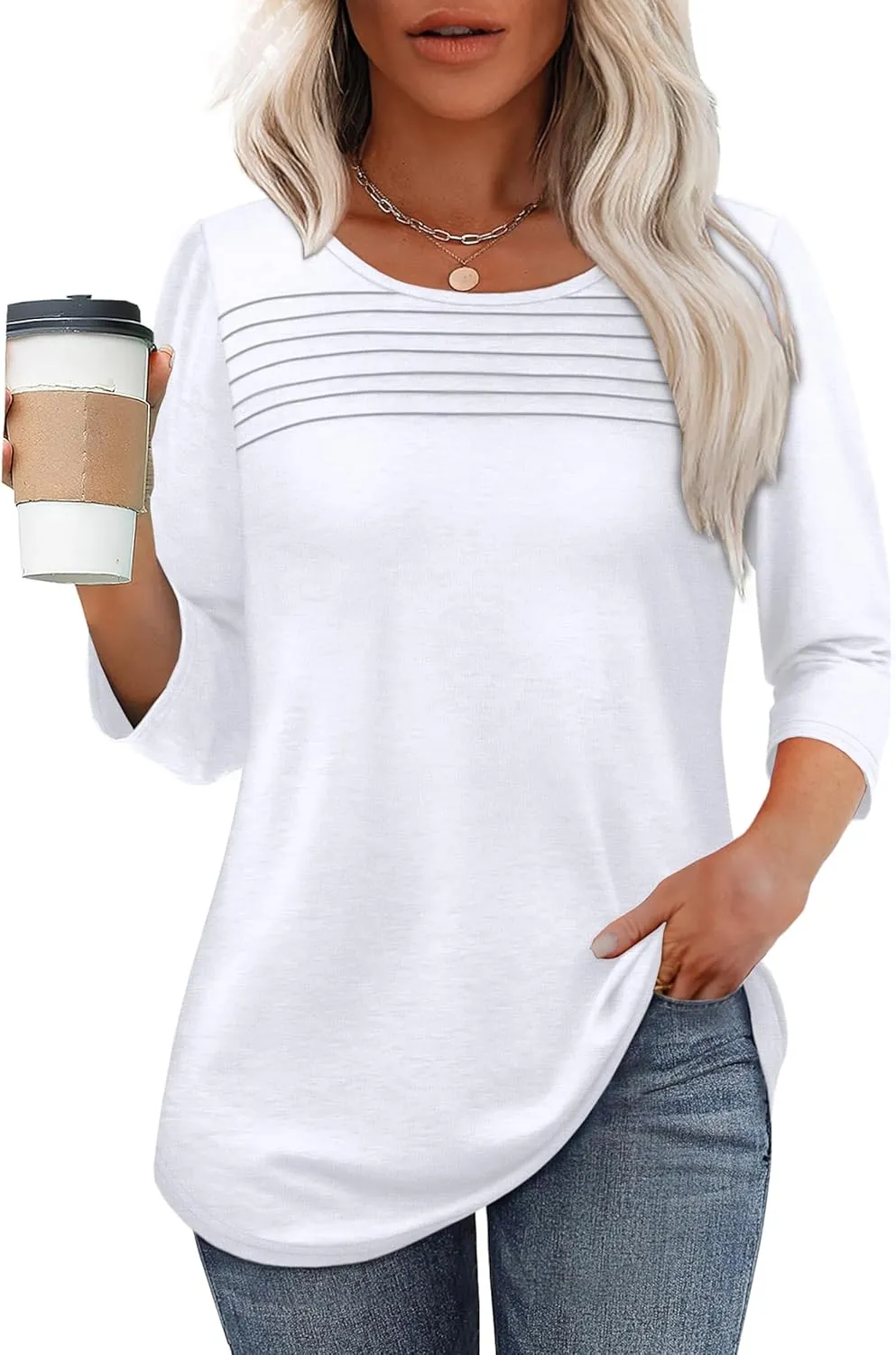 OFEEFAN Womens Tops 3/4 Length Sleeve Blouses Dressy Casual Spring Summer Outfits Pleated Front T Shirts Curved Hem