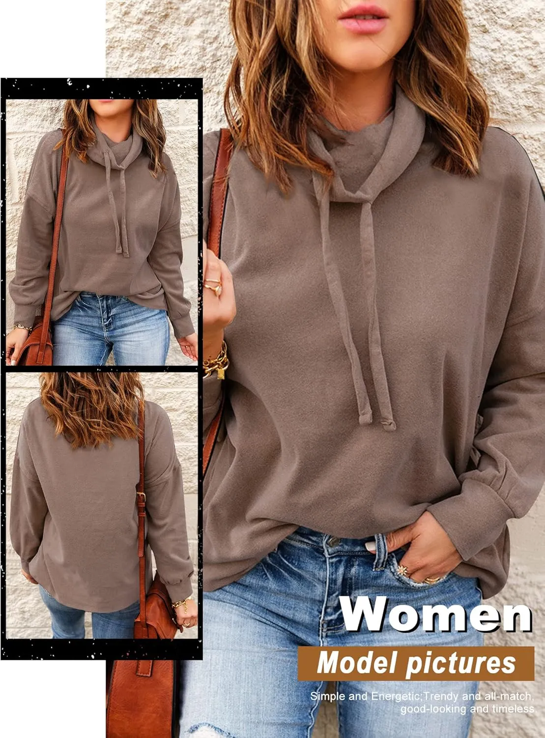 OUNAR Women Casual Long Sleeve Sweatshirt Cowl Neck Drawstring Thick Dralon Loose Pullovers Shirts Tops Sweatshirts