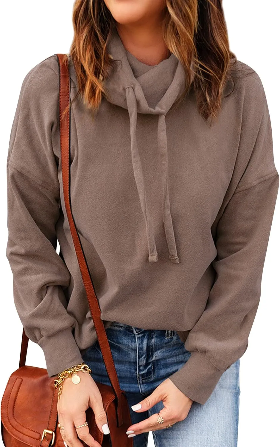 OUNAR Women Casual Long Sleeve Sweatshirt Cowl Neck Drawstring Thick Dralon Loose Pullovers Shirts Tops Sweatshirts
