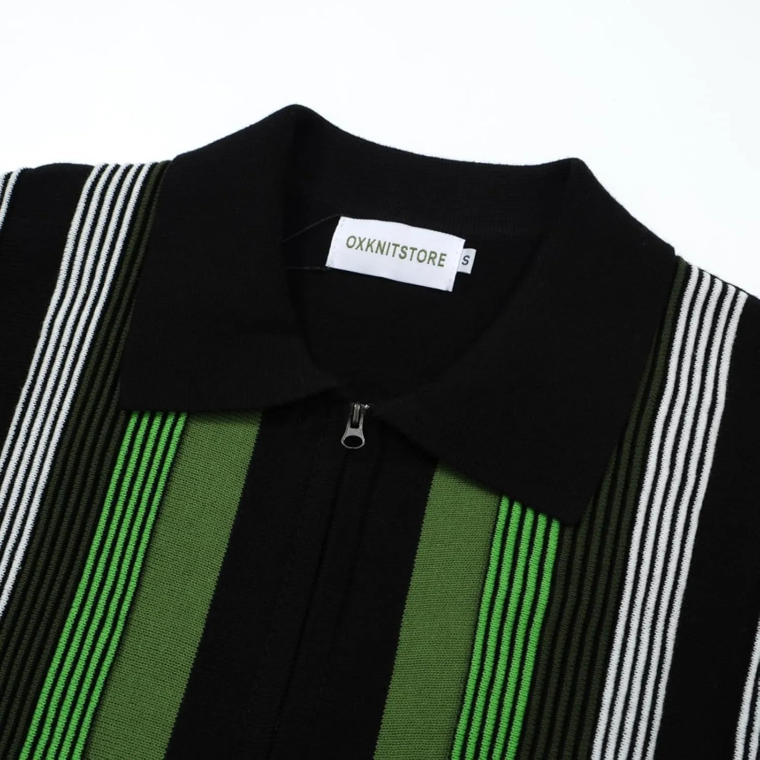 OXKNIT Men's Short Sleeve Knit Retro Polo Shirt, 1960s Mod Style Vintage Zip Stripe Golf Polo T Shirts