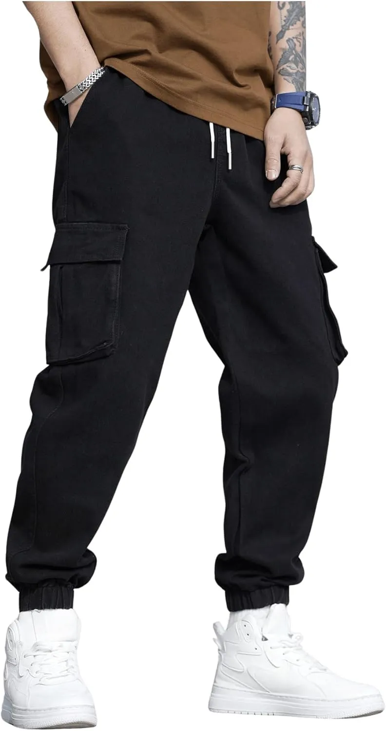 OYOANGLE Men's Drawstring Waist Flap Pocket Jogger Cargo Pants Carrot Denim Jeans with Pocket