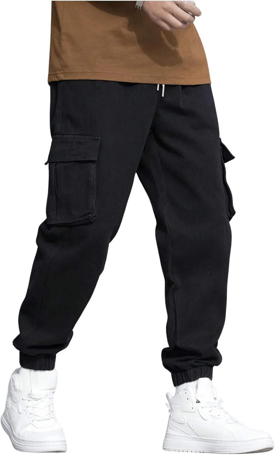 OYOANGLE Men's Drawstring Waist Flap Pocket Jogger Cargo Pants Carrot Denim Jeans with Pocket