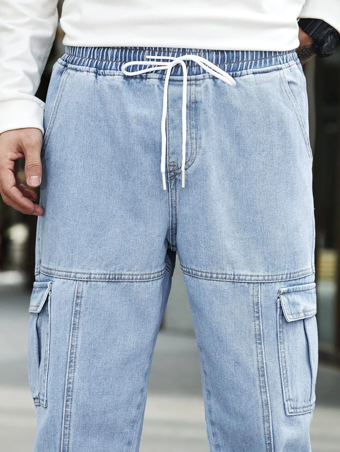 OYOANGLE Men's Drawstring Waist Flap Pocket Jogger Cargo Pants Carrot Denim Jeans with Pocket