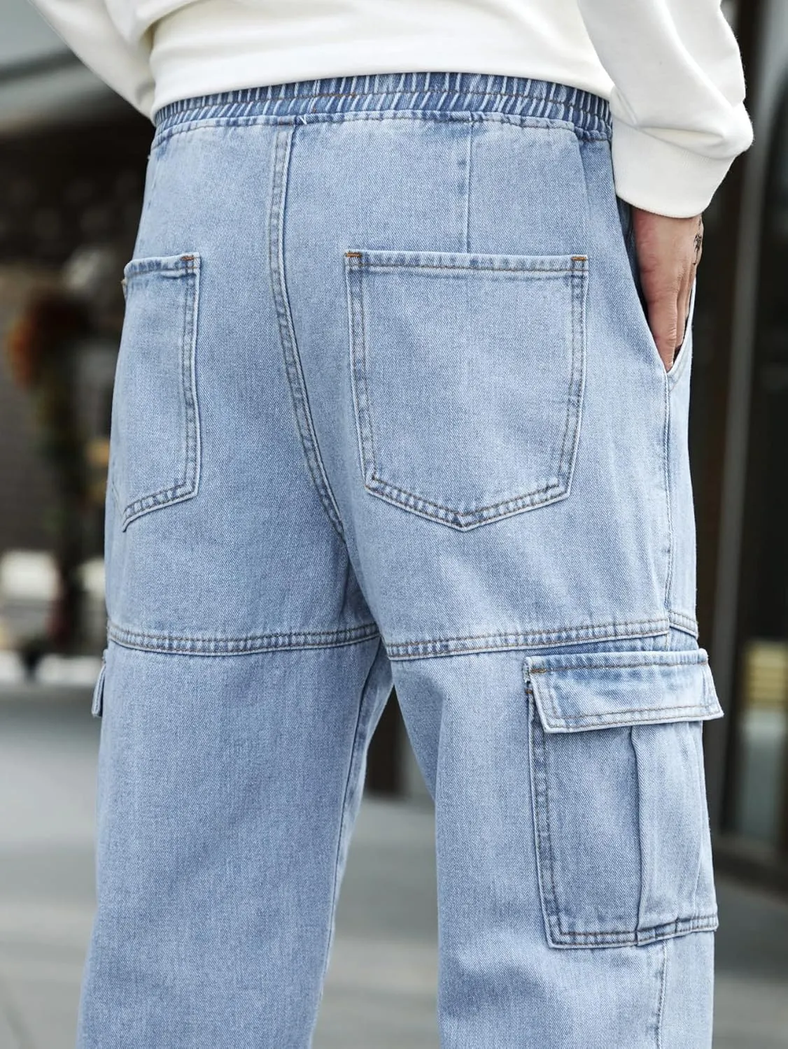 OYOANGLE Men's Drawstring Waist Flap Pocket Jogger Cargo Pants Carrot Denim Jeans with Pocket