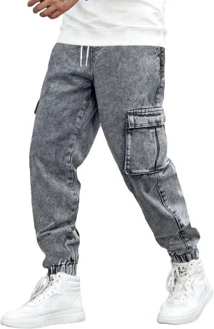 OYOANGLE Men's Drawstring Waist Flap Pocket Jogger Cargo Pants Carrot Denim Jeans with Pocket
