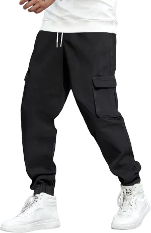OYOANGLE Men's Drawstring Waist Flap Pocket Jogger Cargo Pants Carrot Denim Jeans with Pocket