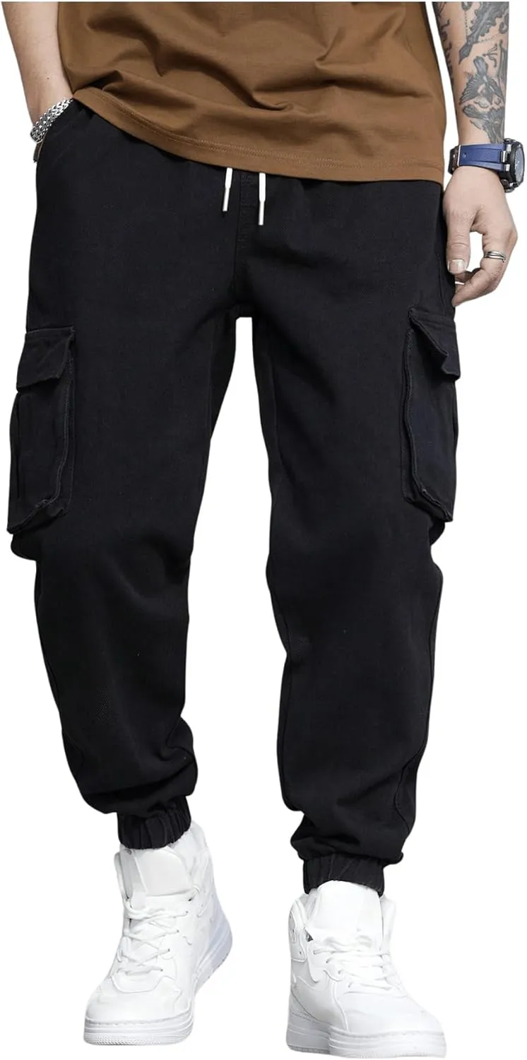 OYOANGLE Men's Drawstring Waist Flap Pocket Jogger Cargo Pants Carrot Denim Jeans with Pocket
