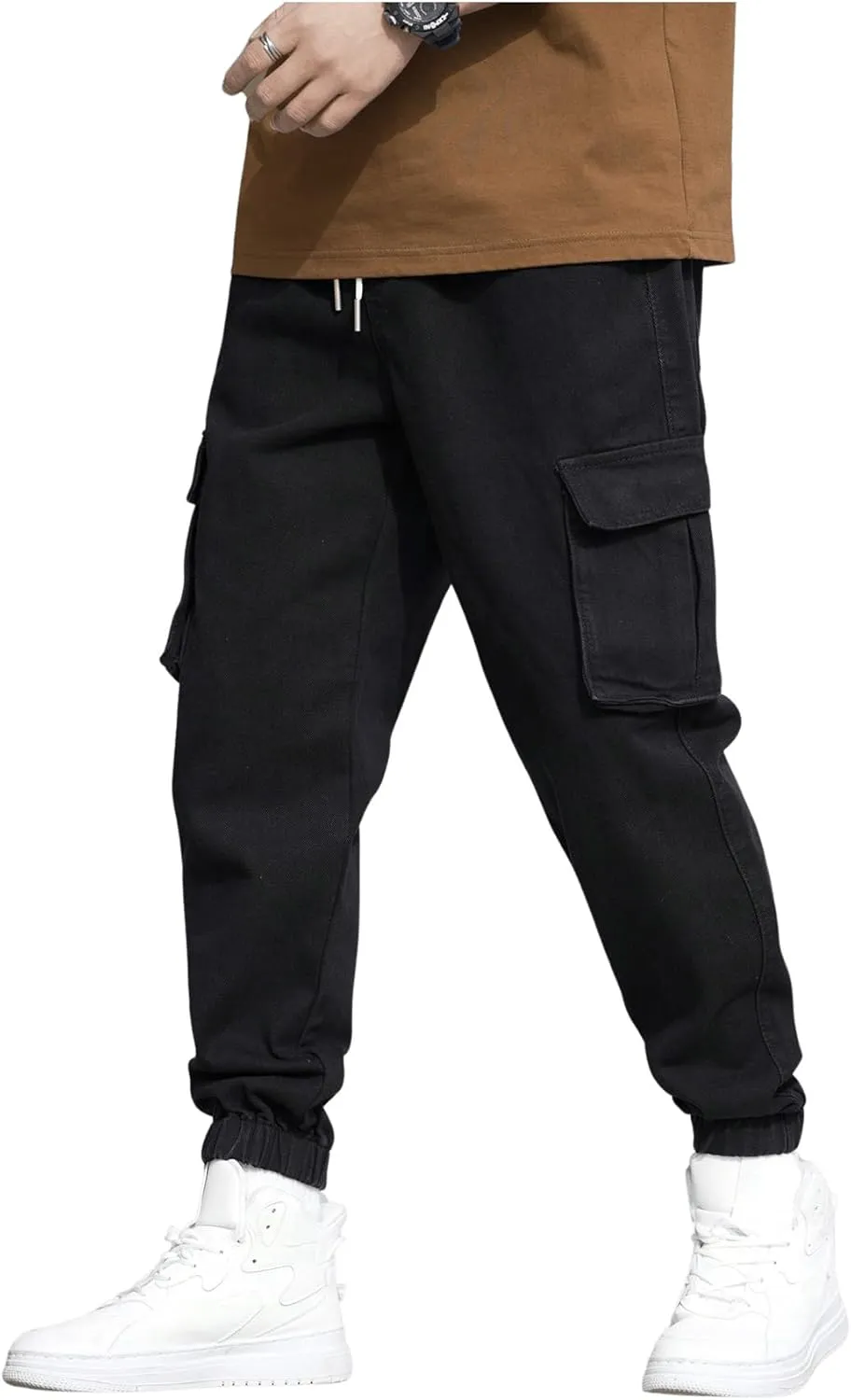 OYOANGLE Men's Drawstring Waist Flap Pocket Jogger Cargo Pants Carrot Denim Jeans with Pocket