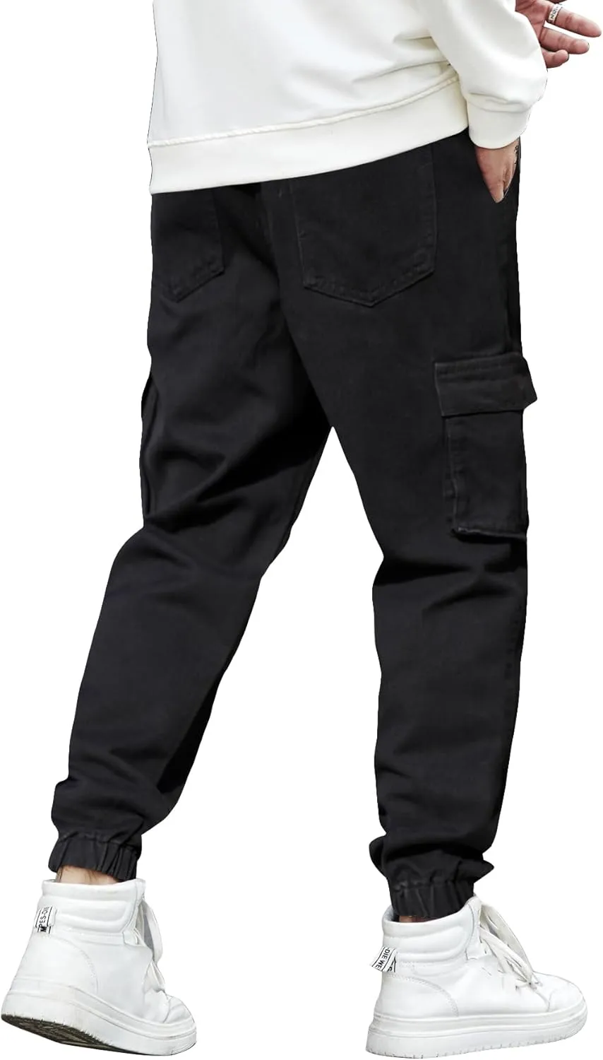 OYOANGLE Men's Drawstring Waist Flap Pocket Jogger Cargo Pants Carrot Denim Jeans with Pocket