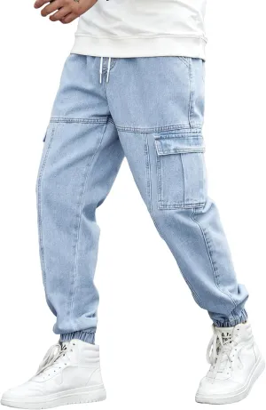 OYOANGLE Men's Drawstring Waist Flap Pocket Jogger Cargo Pants Carrot Denim Jeans with Pocket