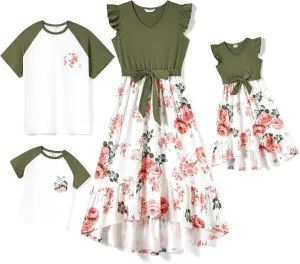 PATPAT Family Matching Outfits Summer Beach Tropical Holiday Ruffle Sleeve Mommy and Me Dresses and T-Shirts Sets