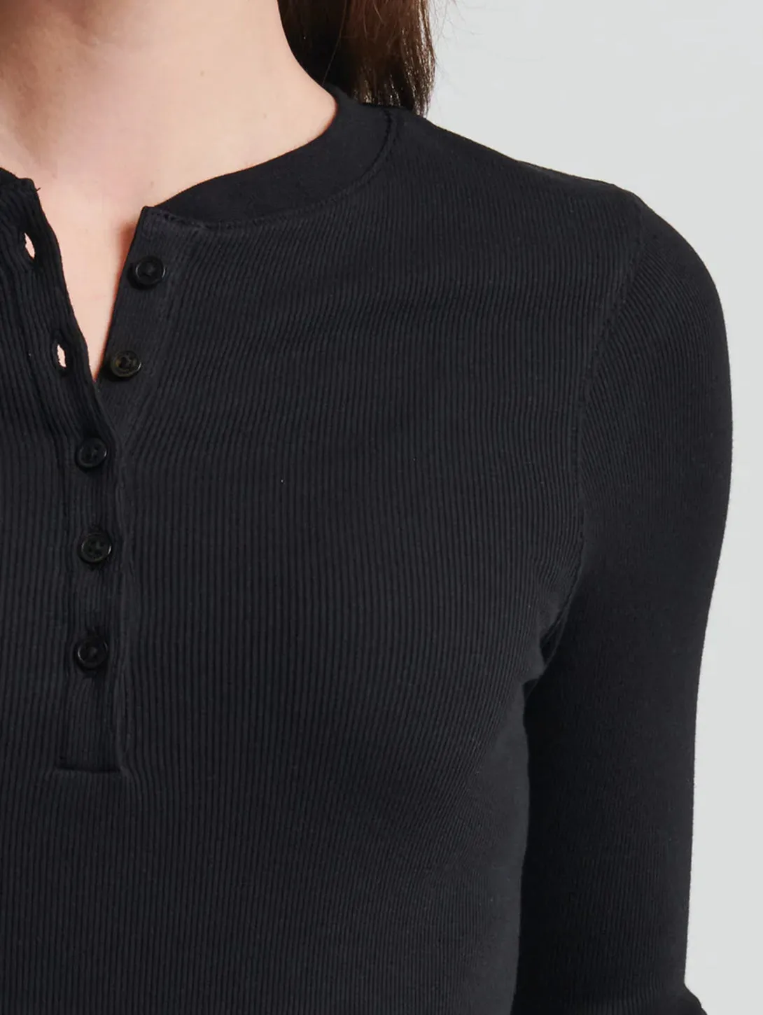 Pima Cotton Ribbed Henley - Black