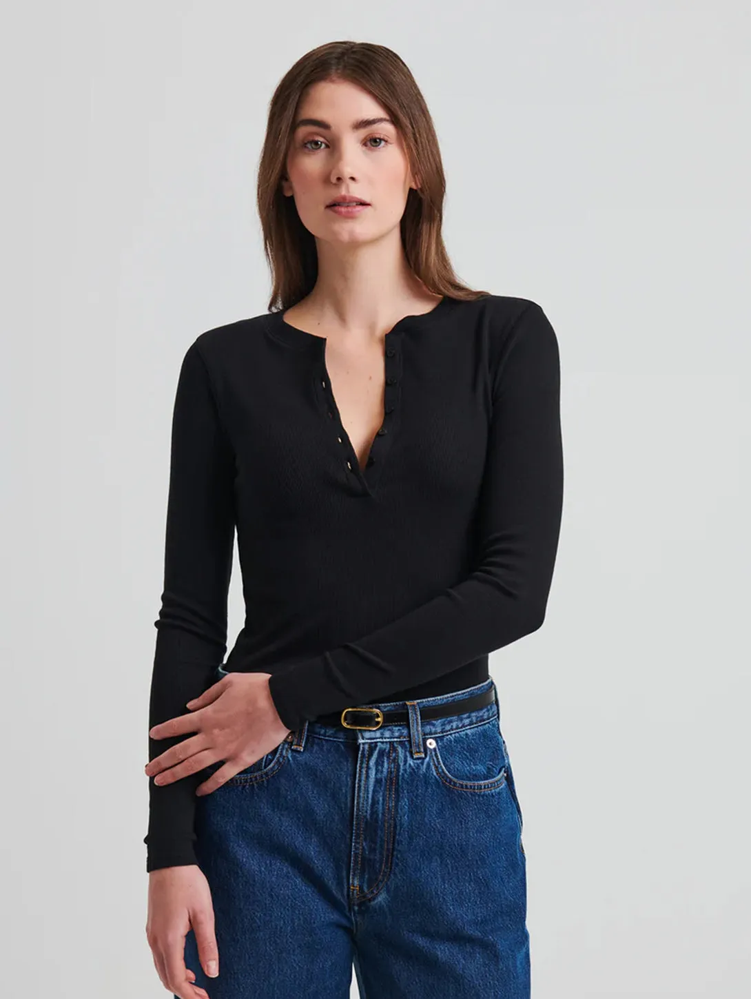 Pima Cotton Ribbed Henley - Black