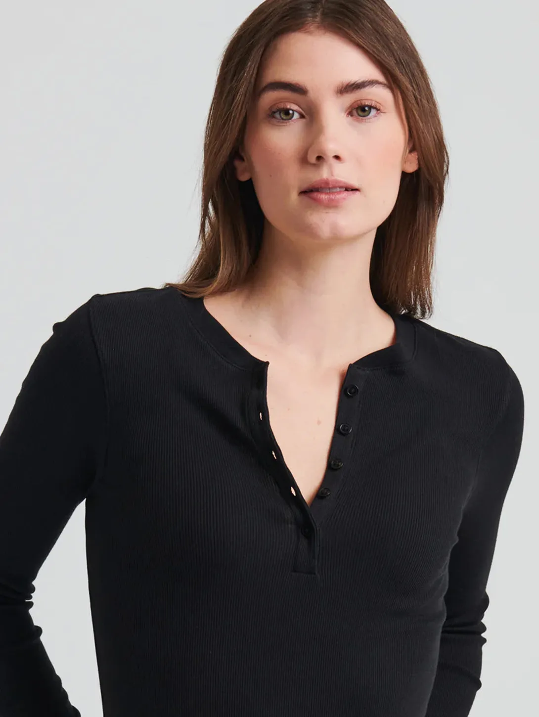 Pima Cotton Ribbed Henley - Black