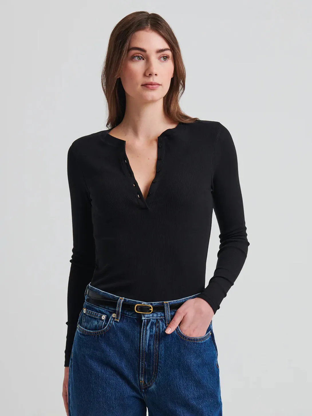 Pima Cotton Ribbed Henley - Black