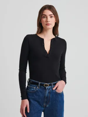 Pima Cotton Ribbed Henley - Black