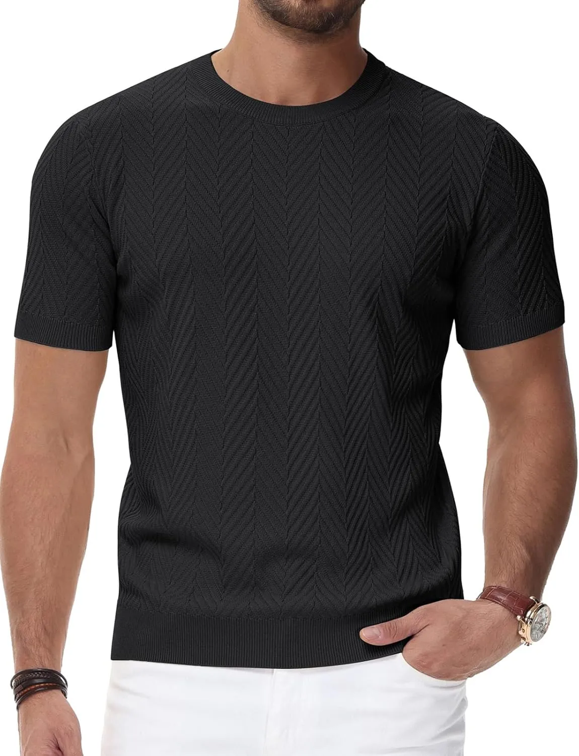 PJ PAUL JONES Men's Short Sleeve Knit T-Shirts Casual Crewneck Solid Texture Knit Shirt