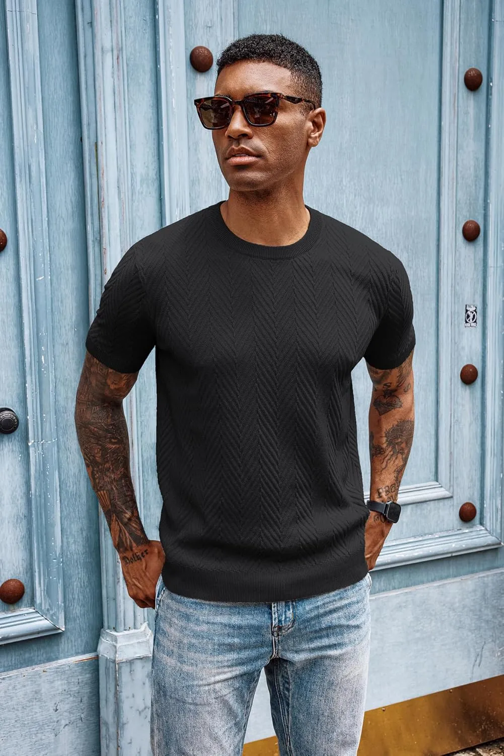 PJ PAUL JONES Men's Short Sleeve Knit T-Shirts Casual Crewneck Solid Texture Knit Shirt
