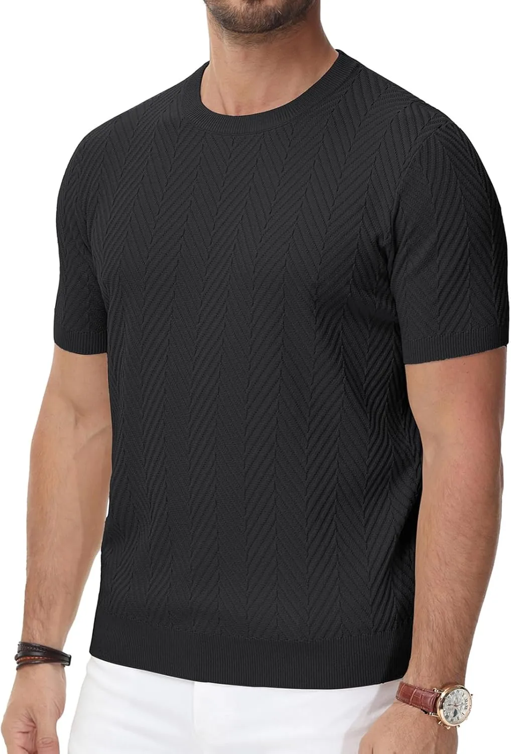PJ PAUL JONES Men's Short Sleeve Knit T-Shirts Casual Crewneck Solid Texture Knit Shirt