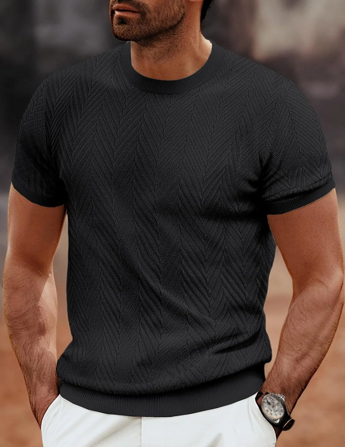 PJ PAUL JONES Men's Short Sleeve Knit T-Shirts Casual Crewneck Solid Texture Knit Shirt