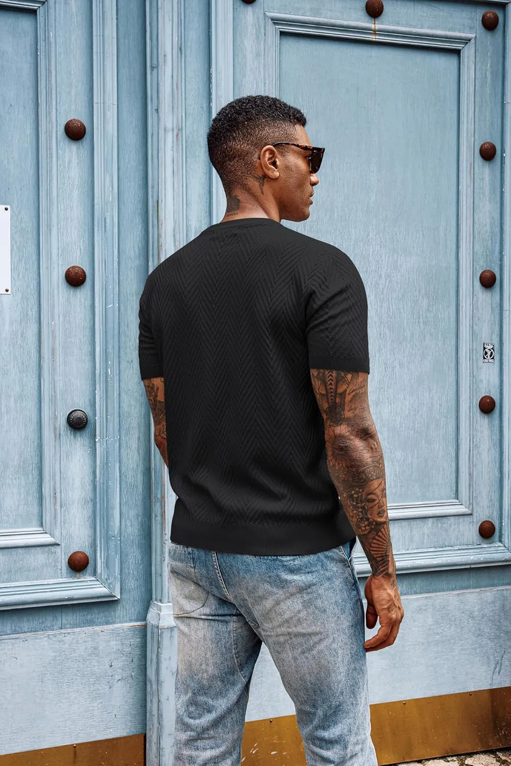 PJ PAUL JONES Men's Short Sleeve Knit T-Shirts Casual Crewneck Solid Texture Knit Shirt