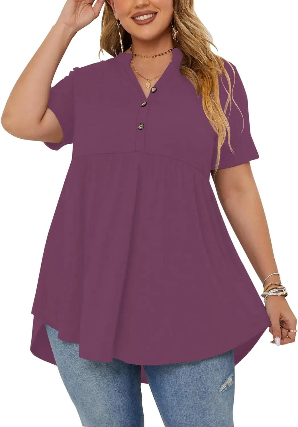 PLOKNRD Women's Plus Size Tops Short Sleeve Henley V Neck Button Up Flowy T Shirts Tunic Loose Blouses