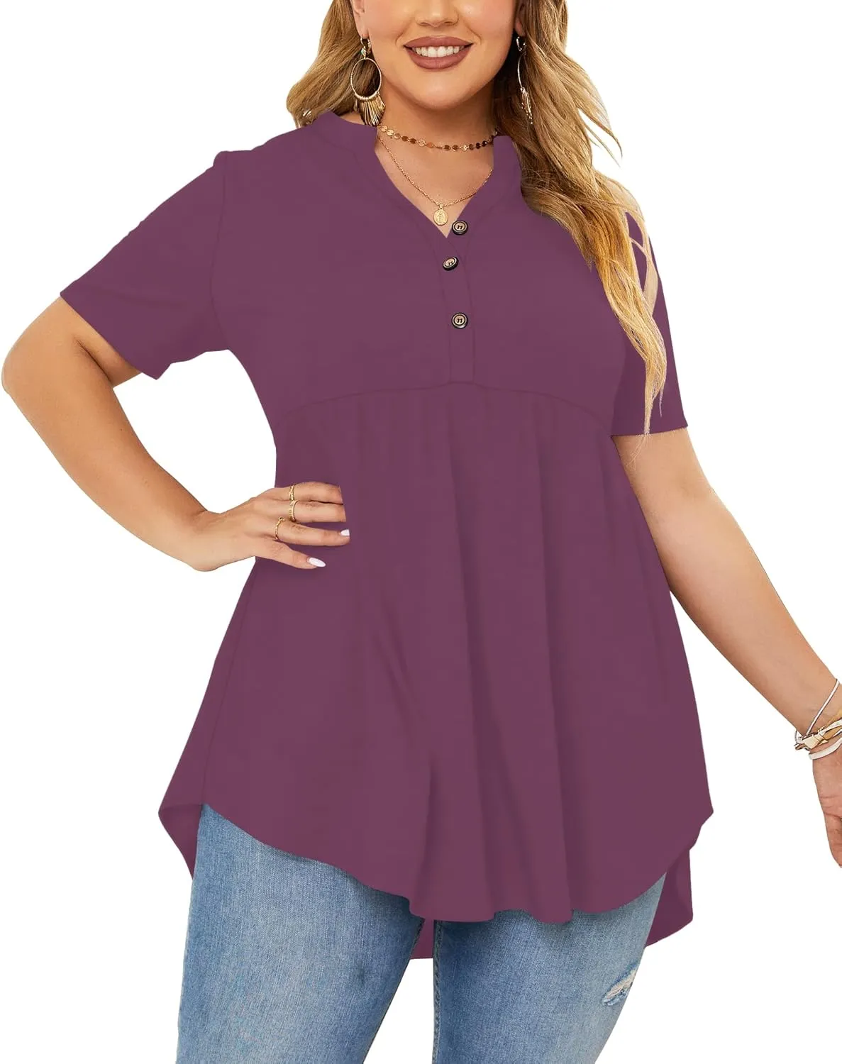 PLOKNRD Women's Plus Size Tops Short Sleeve Henley V Neck Button Up Flowy T Shirts Tunic Loose Blouses