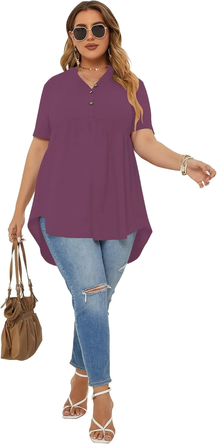 PLOKNRD Women's Plus Size Tops Short Sleeve Henley V Neck Button Up Flowy T Shirts Tunic Loose Blouses