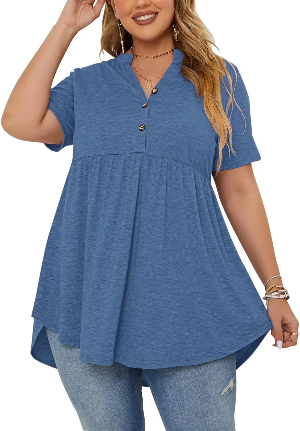 PLOKNRD Women's Plus Size Tops Short Sleeve Henley V Neck Button Up Flowy T Shirts Tunic Loose Blouses