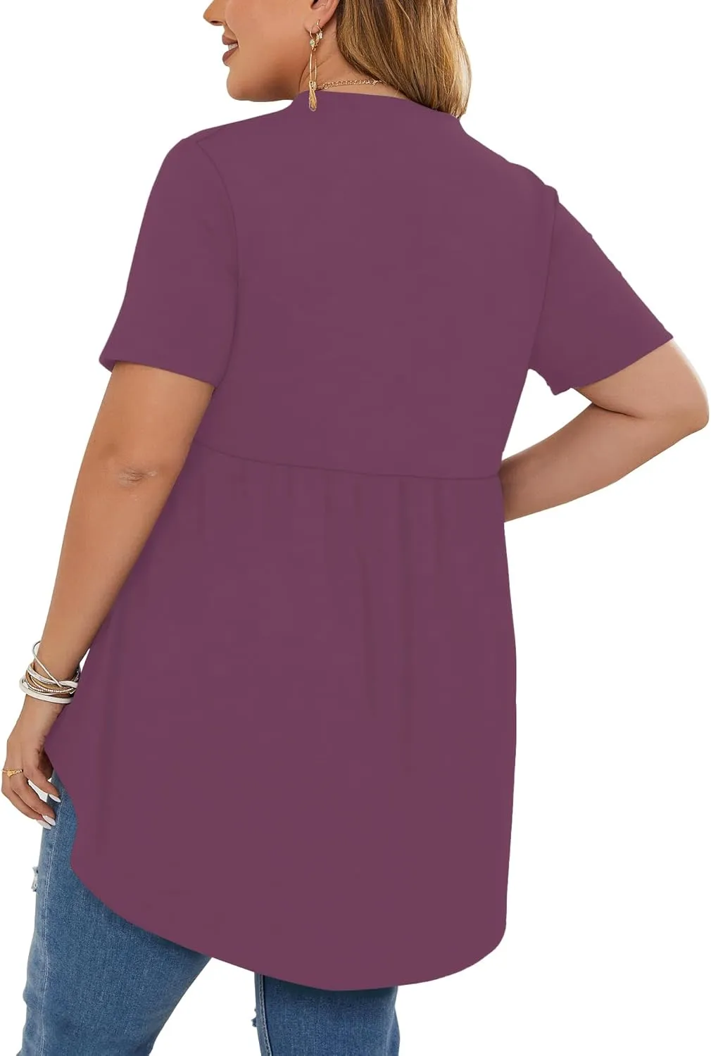 PLOKNRD Women's Plus Size Tops Short Sleeve Henley V Neck Button Up Flowy T Shirts Tunic Loose Blouses