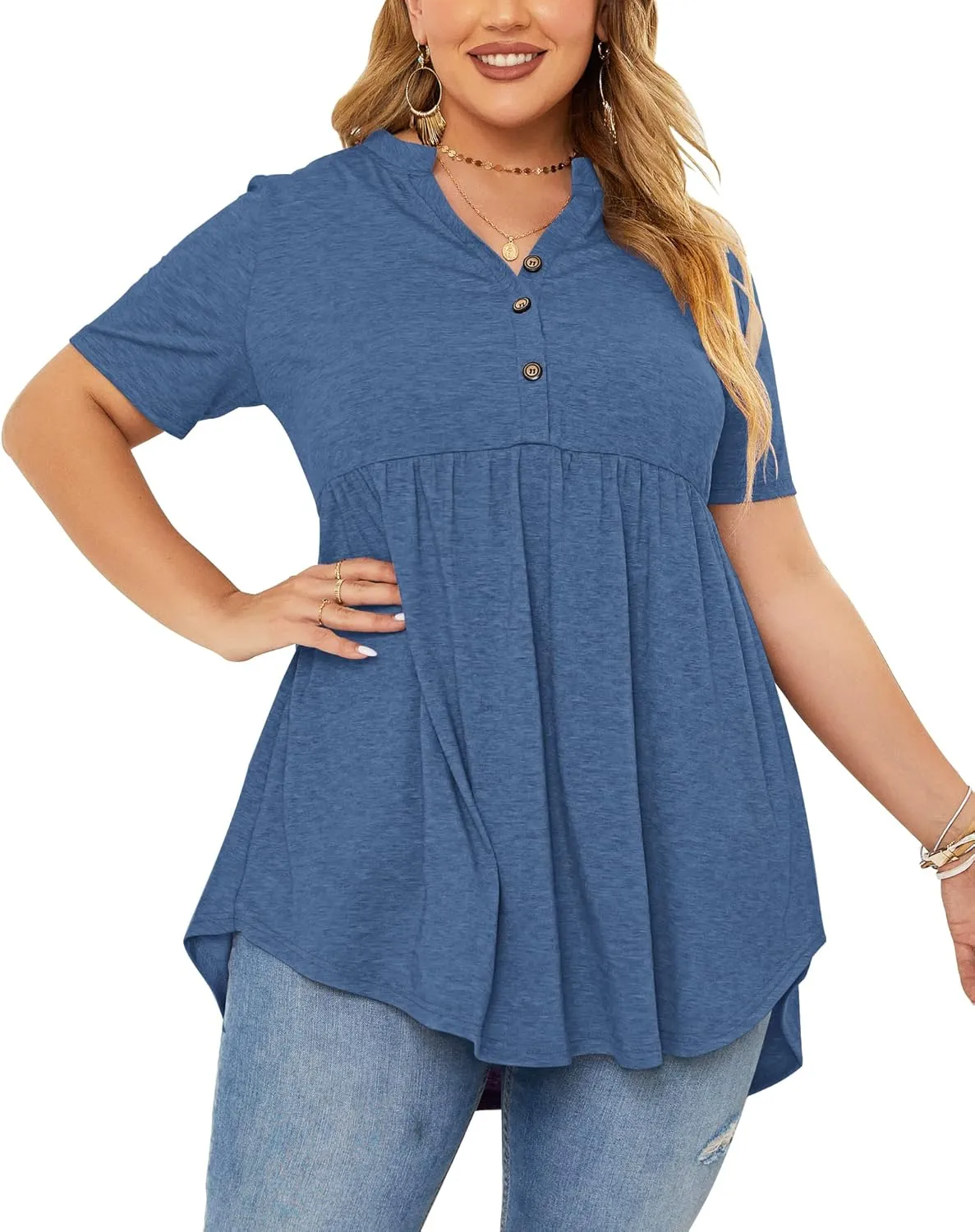 PLOKNRD Women's Plus Size Tops Short Sleeve Henley V Neck Button Up Flowy T Shirts Tunic Loose Blouses