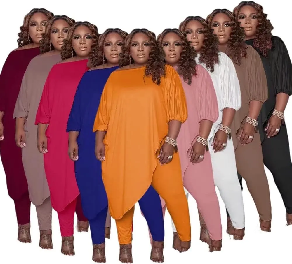 Plus Size Outfits for Women Tracksuits Long Sleeve Slant Shoulder Asymmetrica Tops Bodycon Pants Sweatsuit Sets