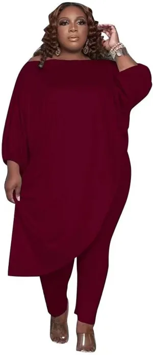 Plus Size Outfits for Women Tracksuits Long Sleeve Slant Shoulder Asymmetrica Tops Bodycon Pants Sweatsuit Sets