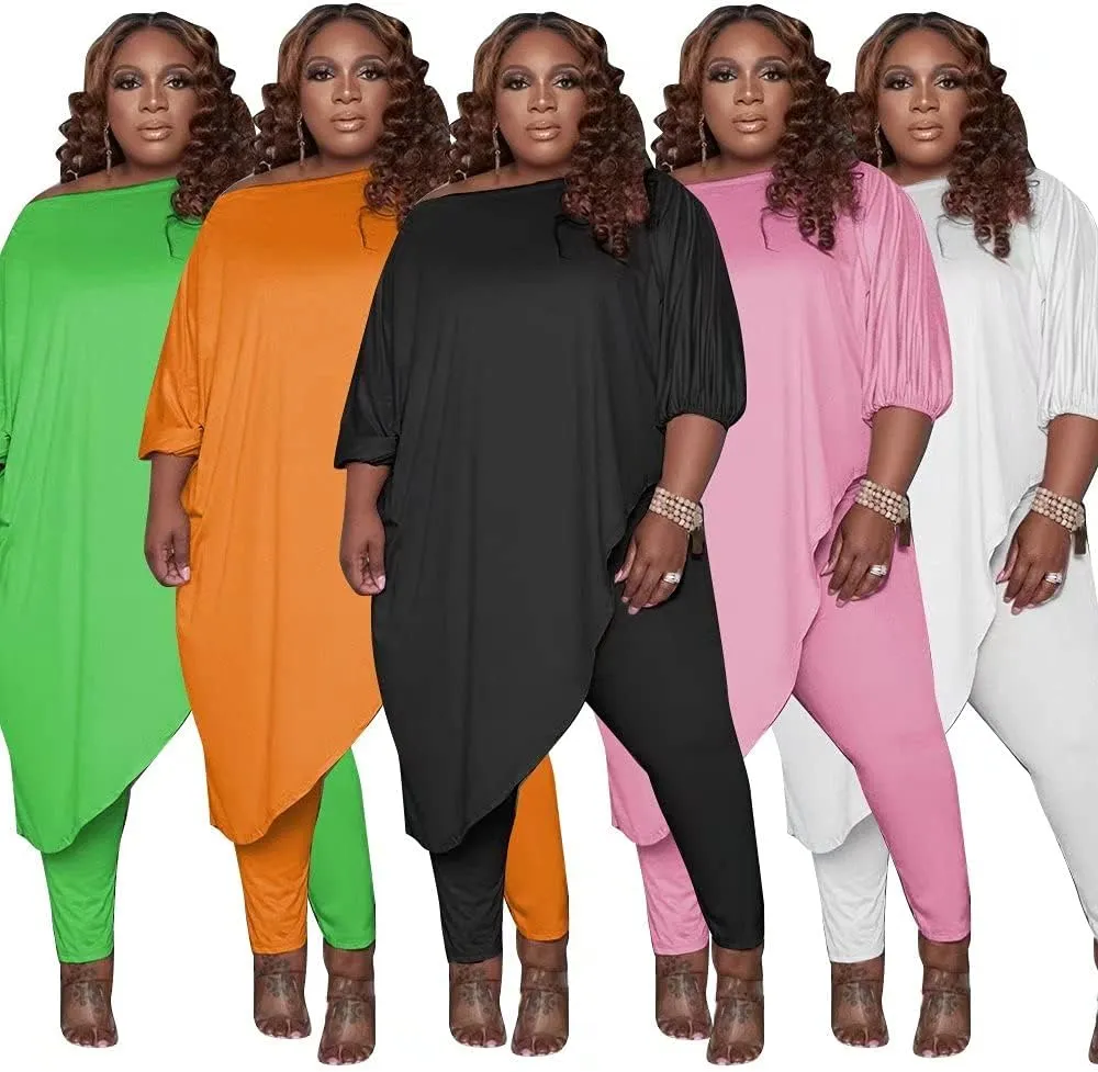 Plus Size Outfits for Women Tracksuits Long Sleeve Slant Shoulder Asymmetrica Tops Bodycon Pants Sweatsuit Sets