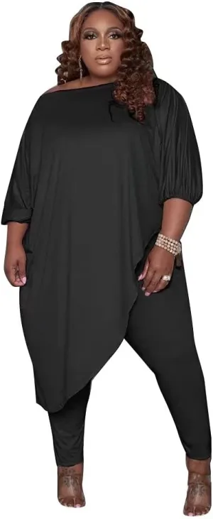 Plus Size Outfits for Women Tracksuits Long Sleeve Slant Shoulder Asymmetrica Tops Bodycon Pants Sweatsuit Sets