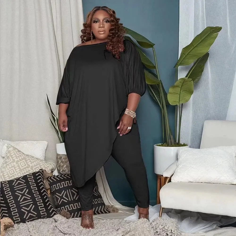 Plus Size Outfits for Women Tracksuits Long Sleeve Slant Shoulder Asymmetrica Tops Bodycon Pants Sweatsuit Sets