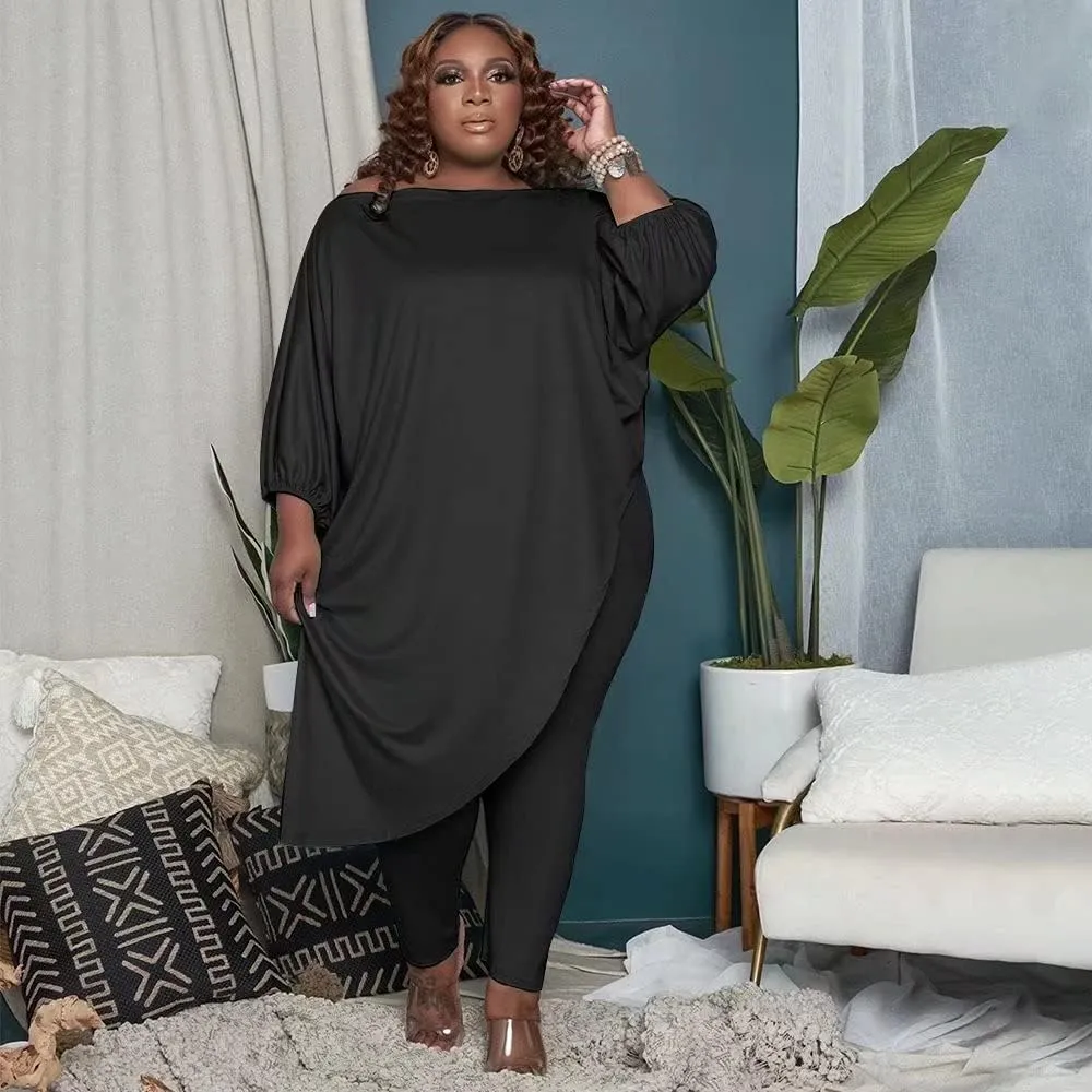Plus Size Outfits for Women Tracksuits Long Sleeve Slant Shoulder Asymmetrica Tops Bodycon Pants Sweatsuit Sets