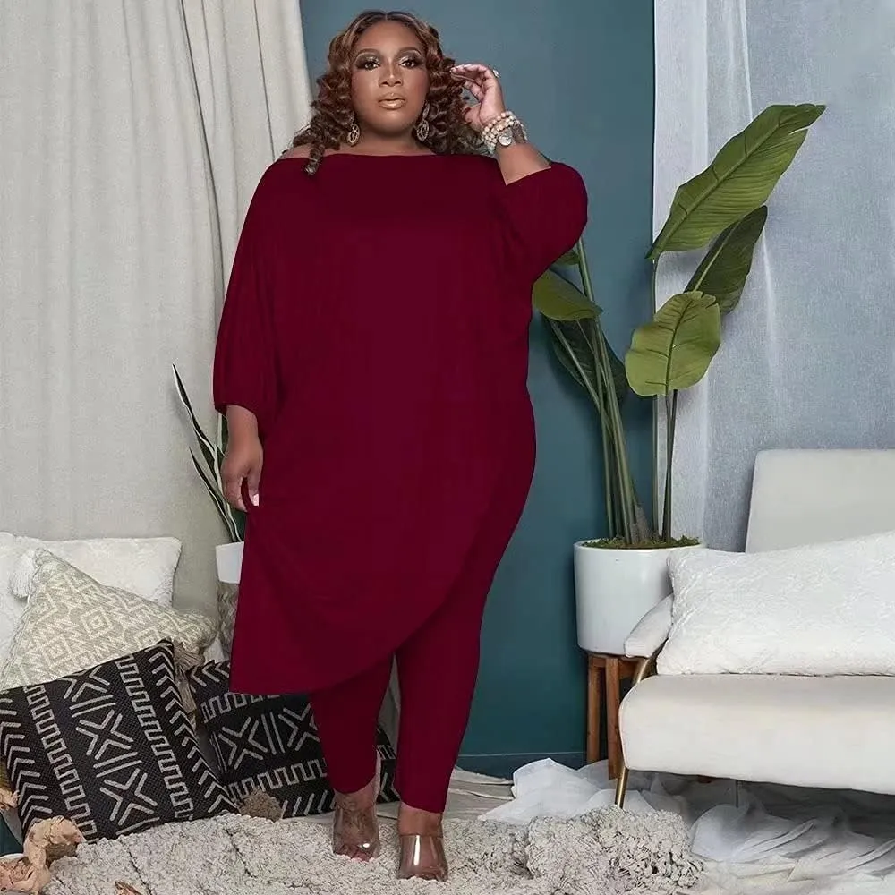 Plus Size Outfits for Women Tracksuits Long Sleeve Slant Shoulder Asymmetrica Tops Bodycon Pants Sweatsuit Sets