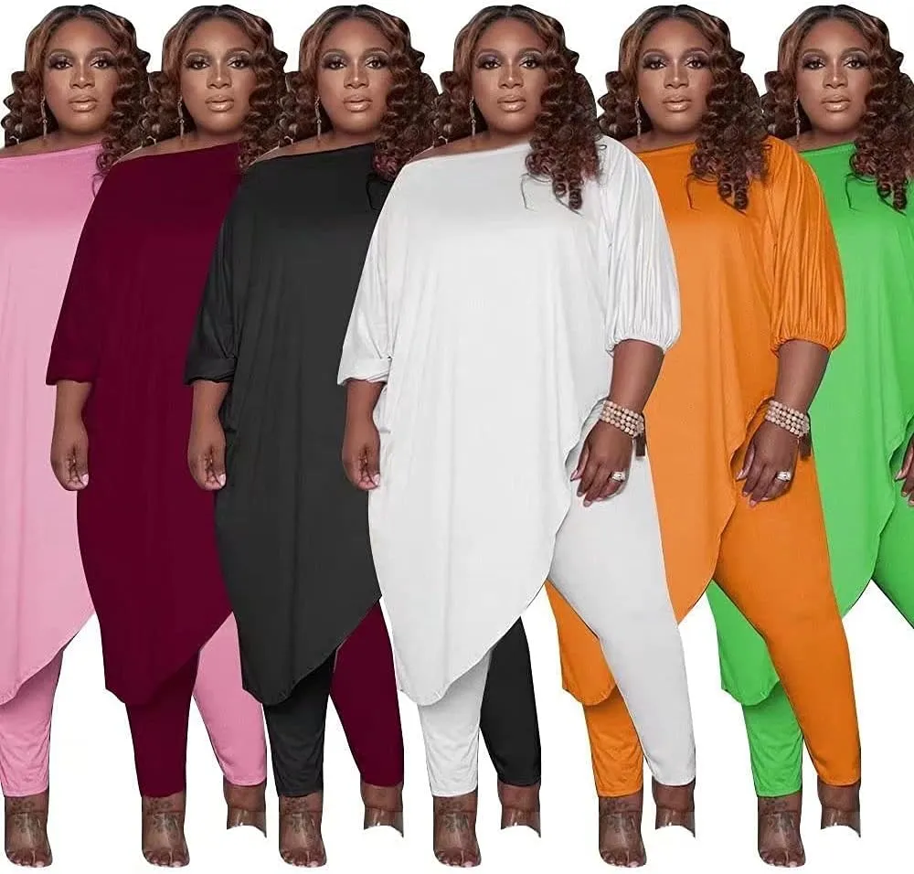 Plus Size Outfits for Women Tracksuits Long Sleeve Slant Shoulder Asymmetrica Tops Bodycon Pants Sweatsuit Sets