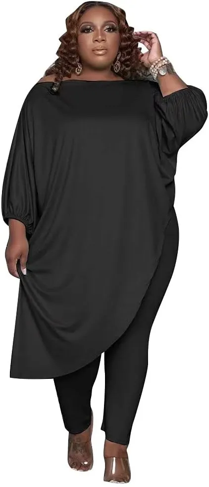 Plus Size Outfits for Women Tracksuits Long Sleeve Slant Shoulder Asymmetrica Tops Bodycon Pants Sweatsuit Sets