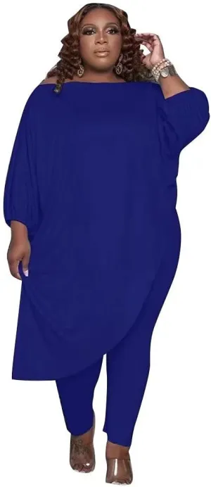 Plus Size Outfits for Women Tracksuits Long Sleeve Slant Shoulder Asymmetrica Tops Bodycon Pants Sweatsuit Sets