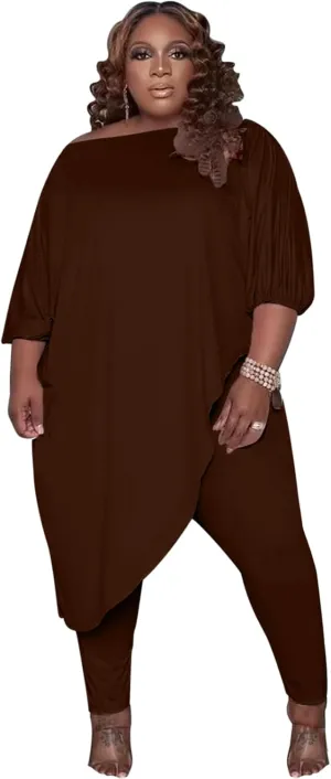 Plus Size Outfits for Women Tracksuits Long Sleeve Slant Shoulder Asymmetrica Tops Bodycon Pants Sweatsuit Sets