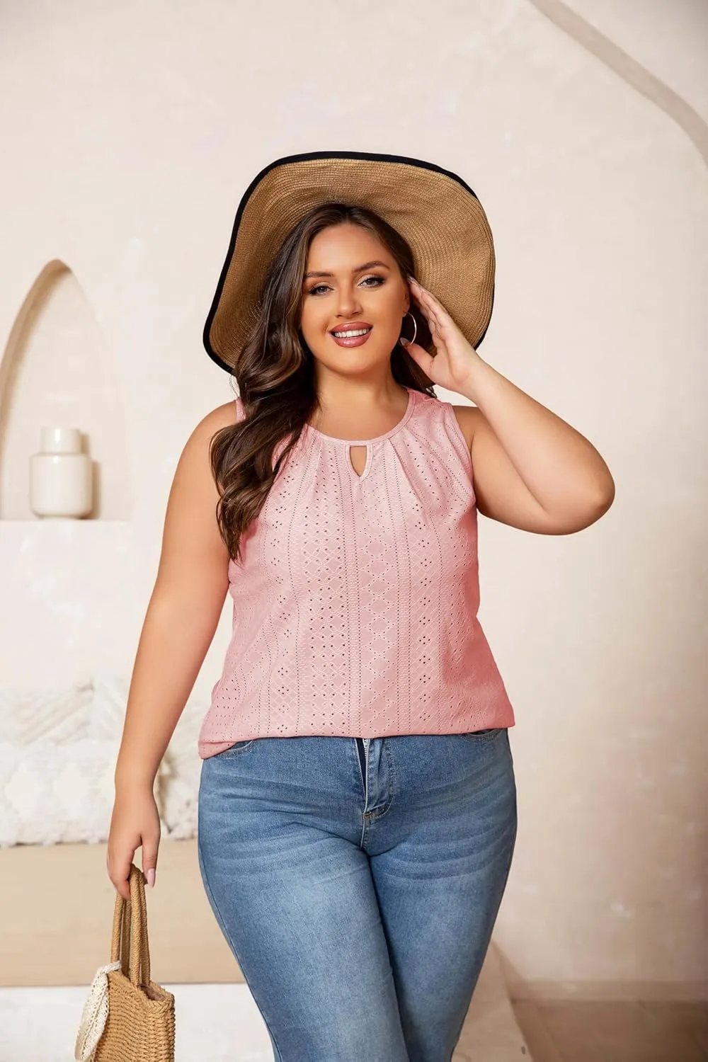 Plus Size Tank Tops for Women Eyelet Embroidery Loose Fit Casual Sleeveless T-Shirts Keyhole Neck Trendy Tops