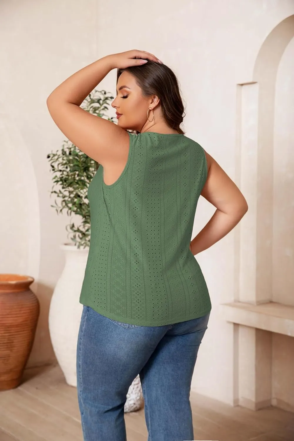 Plus Size Tank Tops for Women Eyelet Embroidery Loose Fit Casual Sleeveless T-Shirts Keyhole Neck Trendy Tops